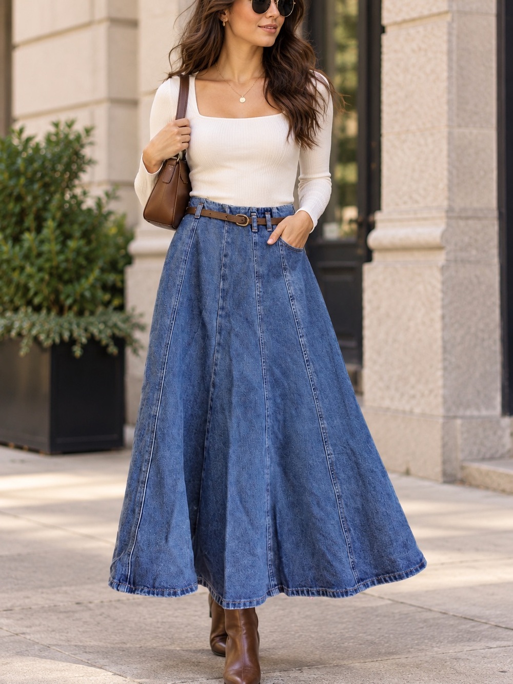 Urban Revivo Denim A-Line Midi/Maxi Skirt Dusty Blue Size S NWT Belted